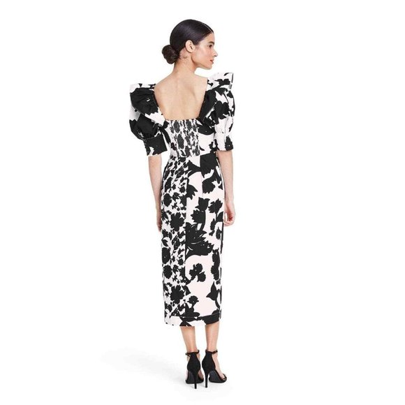 Christopher John Rogers Black & White Target Floral Puff Wrap Dress Size 10 NWT - Picture 2 of 15